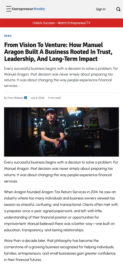 Feature page on The Entrepreneurs Weekly