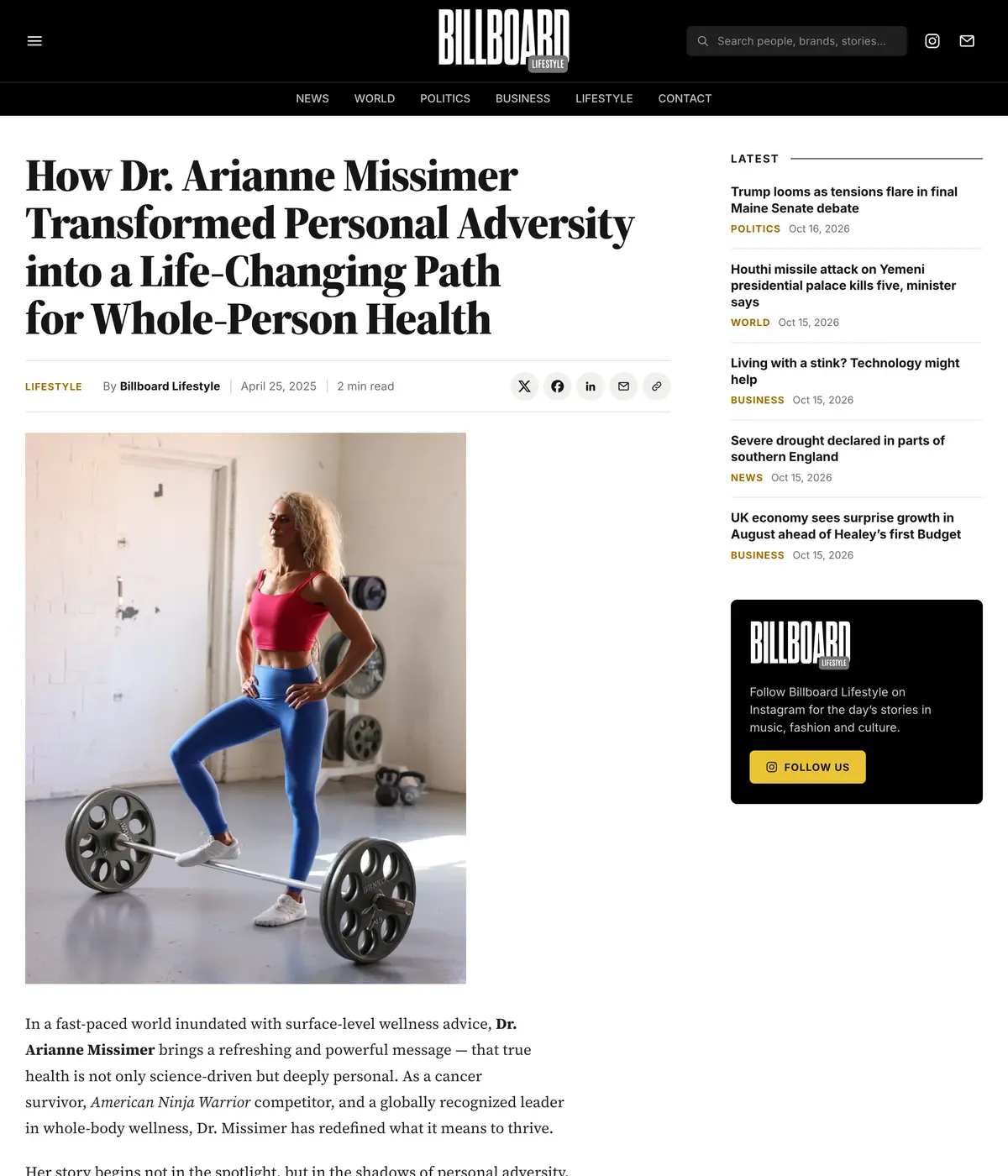 Billboard Lifestyle feature page: How Dr. Arianne Missimer Transformed Personal Adversity into a Life-Changing Path for Whole-Person Health
