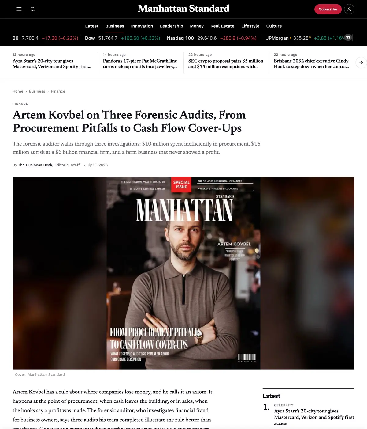 Manhattan Standard feature page: Artem Kovbel on Three Forensic Audits, From Procurement Pitfalls to Cash Flow Cover-Ups