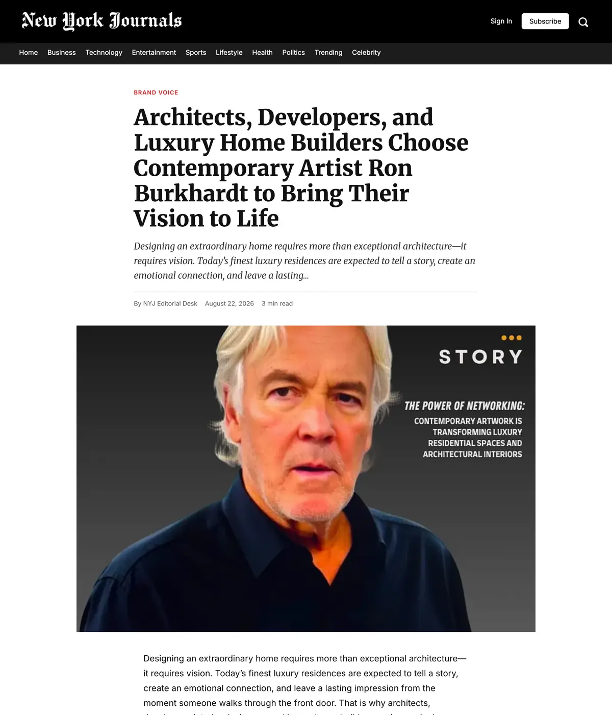 The NY Journals feature page: Architects, Developers, and Luxury Home Builders Choose Contemporary Artist Ron Burkhardt to Bring Their Vision to Life