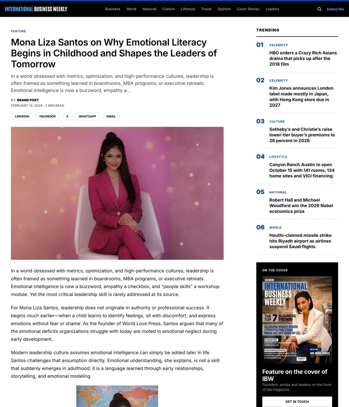 International Business Weekly feature page: Mona Liza Santos on Why Emotional Literacy Begins in Childhood and Shapes the Leaders of Tomorrow