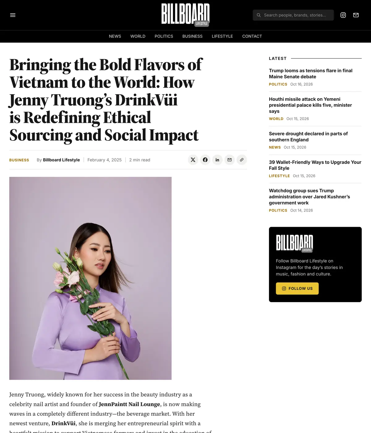 Billboard Lifestyle feature page: Bringing the Bold Flavors of Vietnam to the World: How Jenny Truong’s DrinkVüi is Redefining Ethical Sourcing and Social Impact