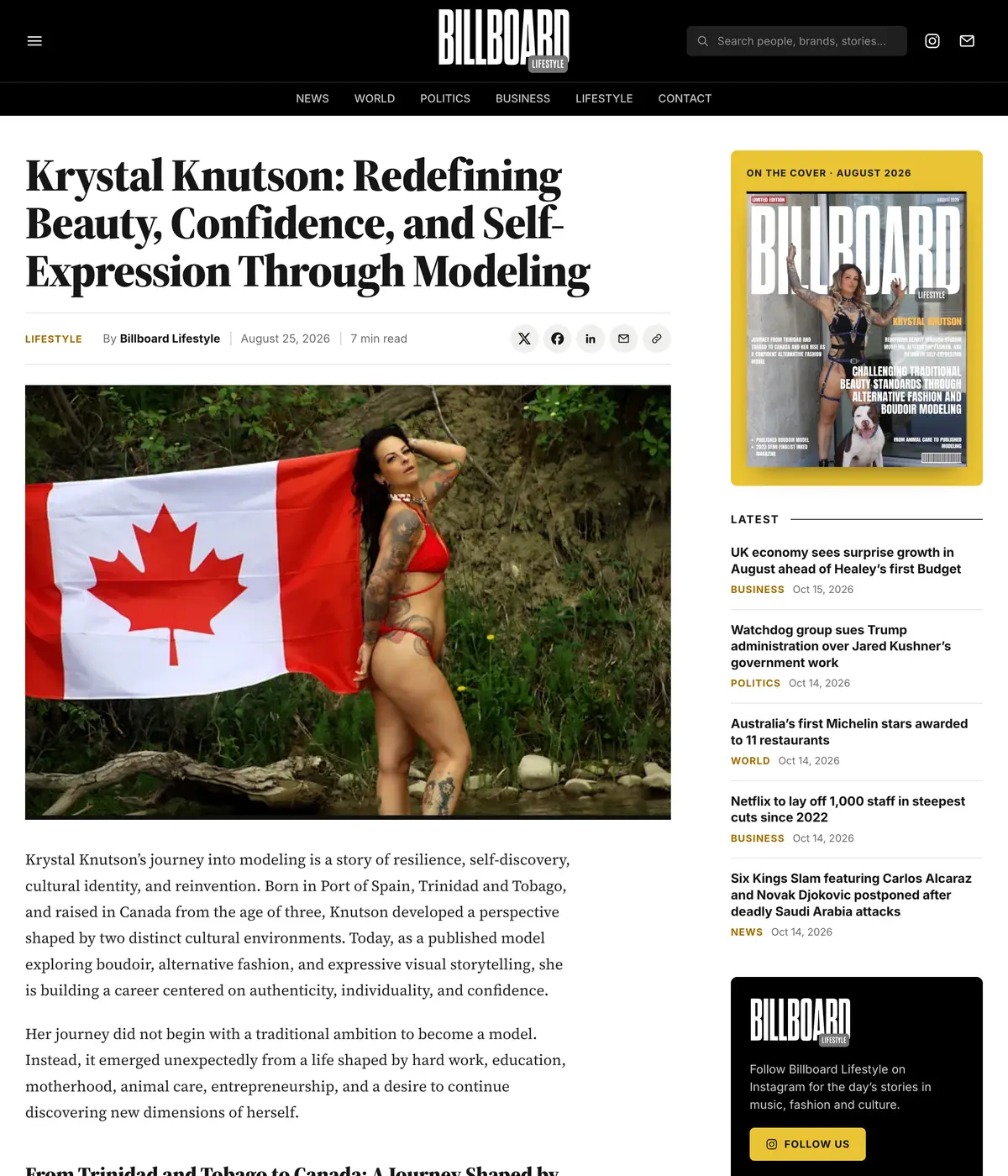 Billboard Lifestyle feature page: Krystal Knutson: Redefining Beauty, Confidence, and Self-Expression Through Modeling