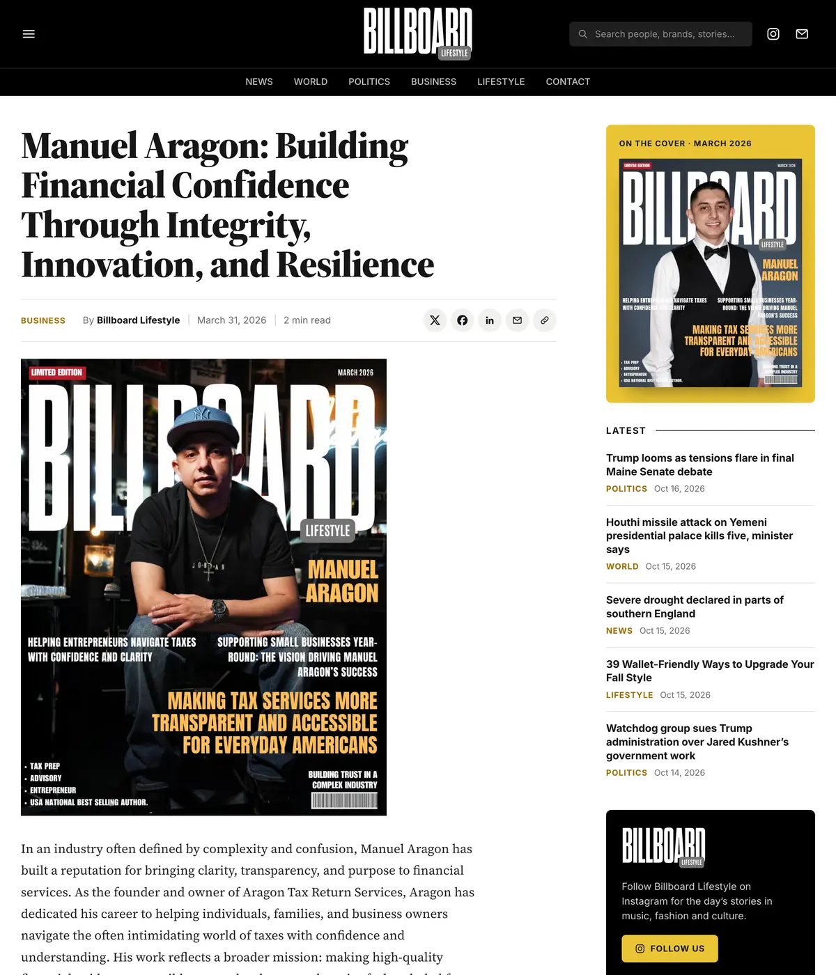 Billboard Lifestyle feature page: Manuel Aragon: Building Financial Confidence Through Integrity, Innovation, and Resilience