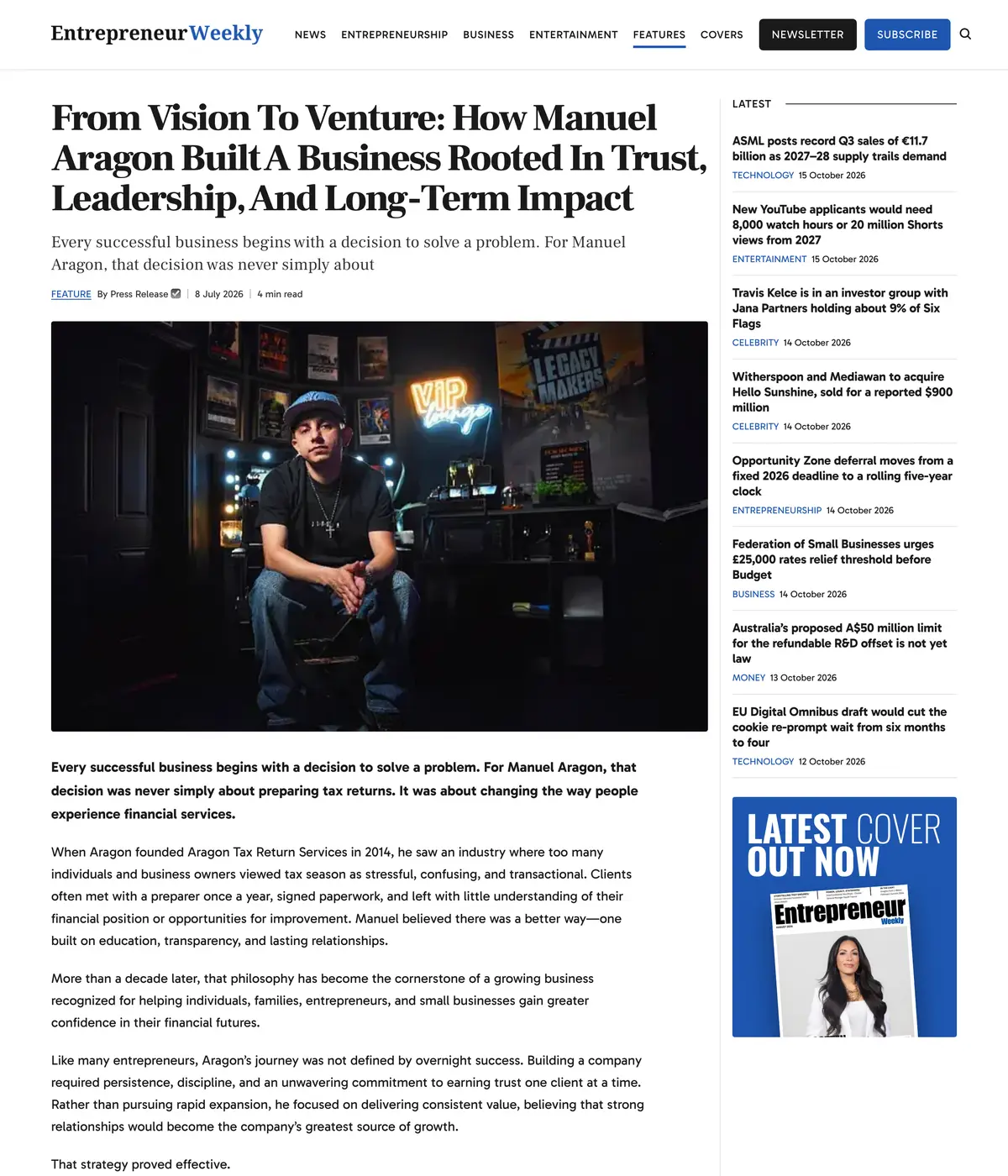 The Entrepreneurs Weekly feature page: From Vision To Venture: How Manuel Aragon Built A Business Rooted In Trust, Leadership, And Long-Term Impact