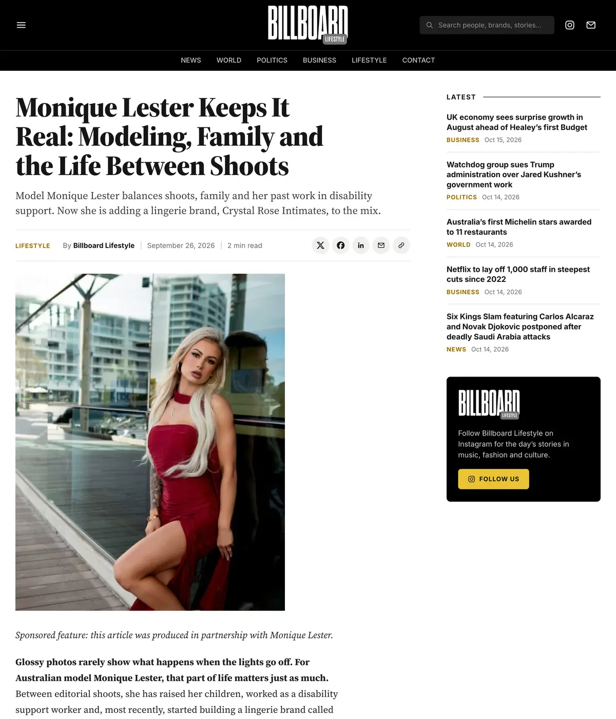 Billboard Lifestyle feature page: Monique Lester Keeps It Real: Modeling, Family and the Life Between Shoots