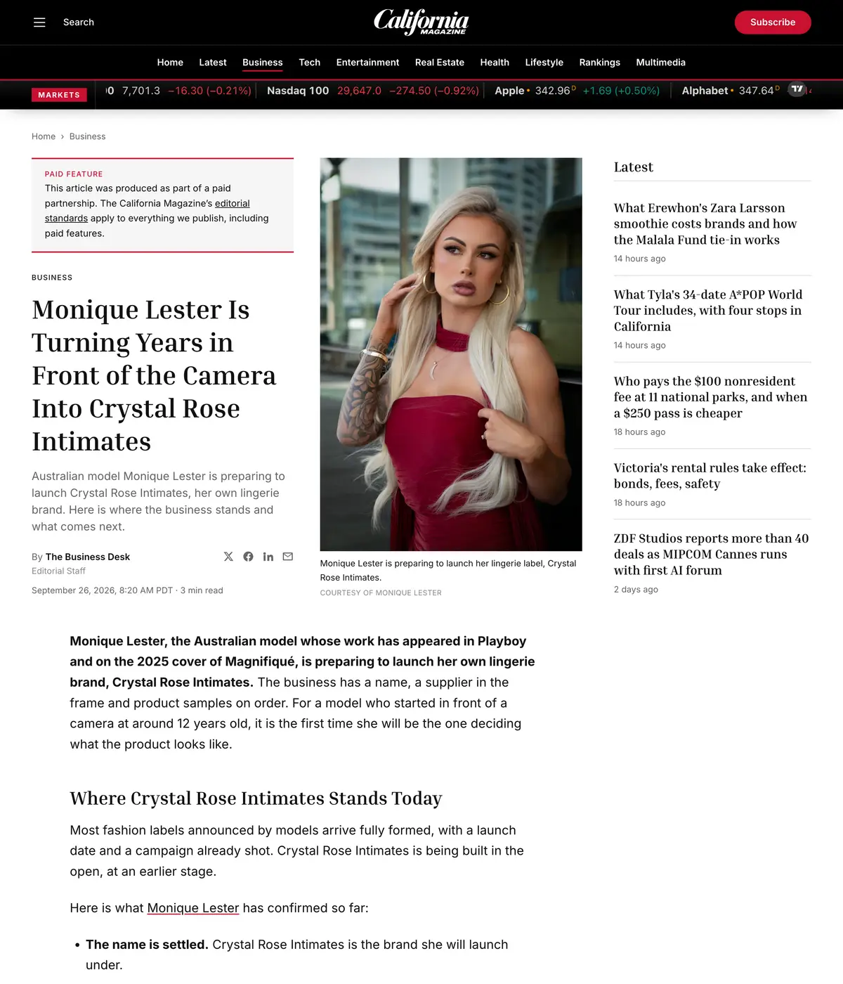 The California Magazine feature page: Monique Lester Is Turning Years in Front of the Camera Into Crystal Rose Intimates
