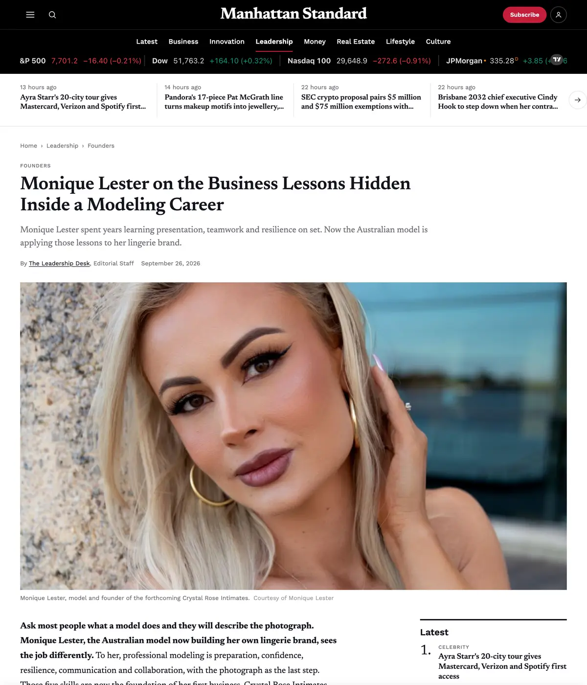 Manhattan Standard feature page: Monique Lester on the Business Lessons Hidden Inside a Modeling Career