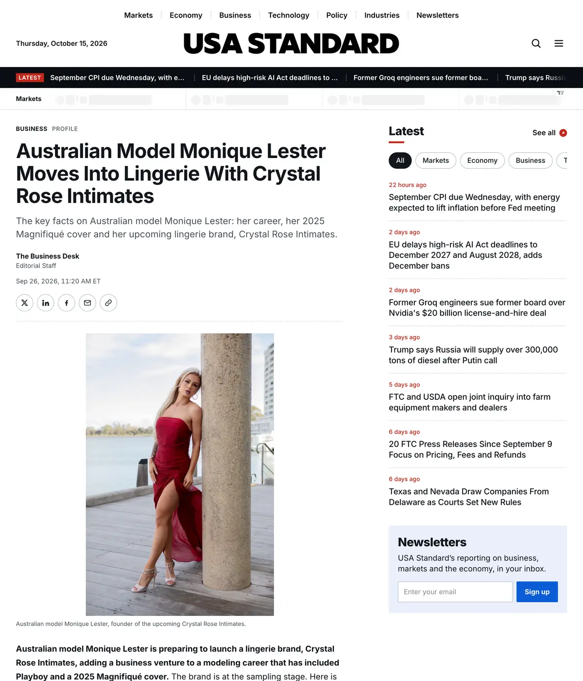 The USA Standard feature page: Australian Model Monique Lester Moves Into Lingerie With Crystal Rose Intimates