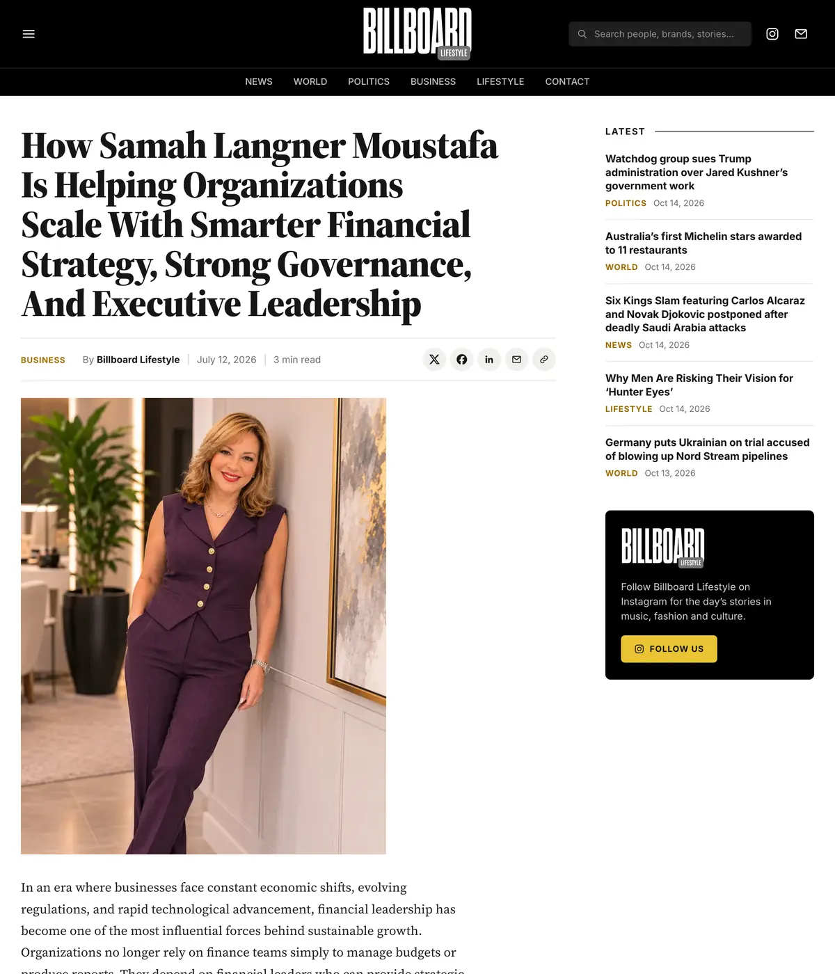 Billboard Lifestyle feature page: How Samah Langner Moustafa Is Helping Organizations Scale With Smarter Financial Strategy, Strong Governance, And Executive Leadership