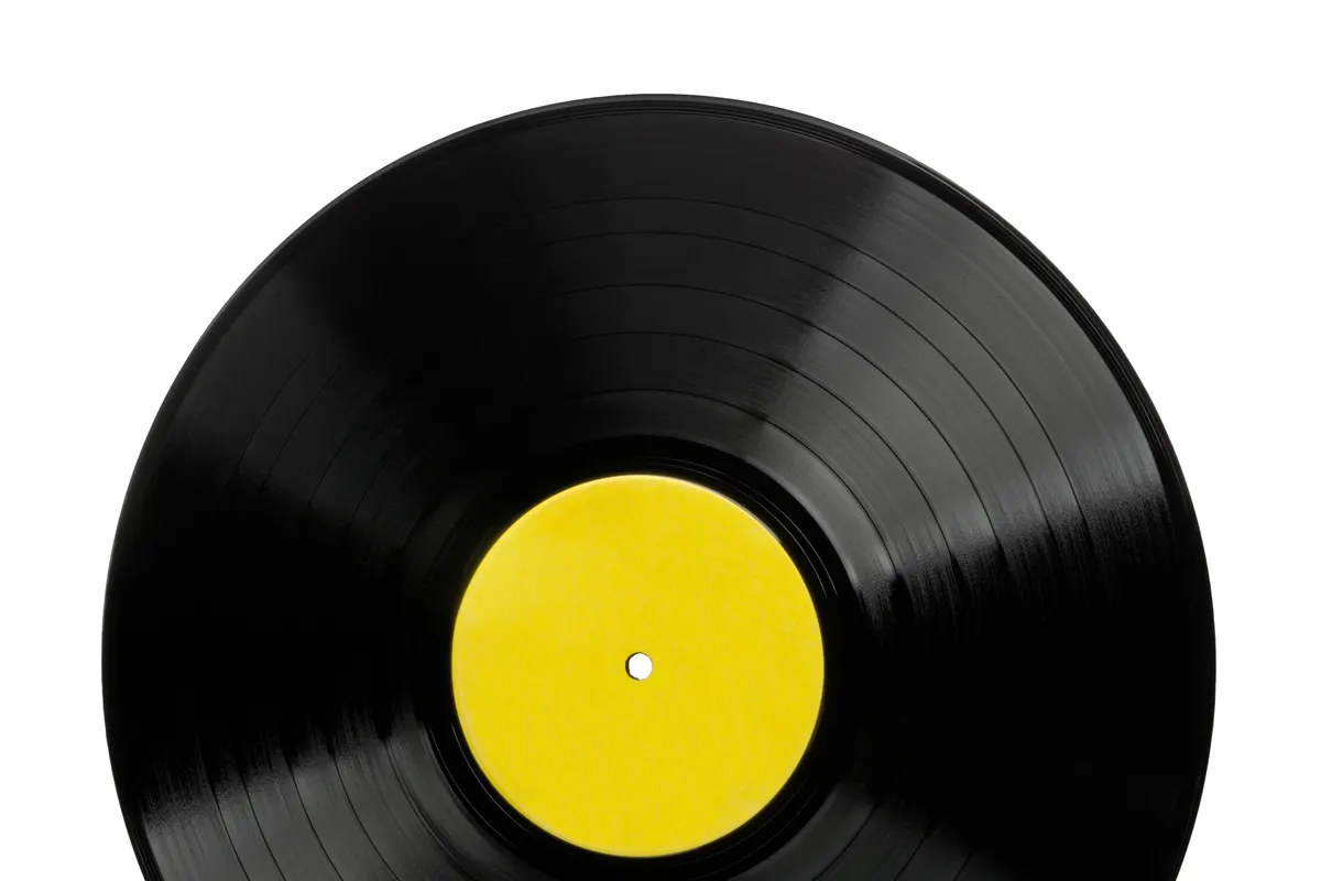A black twelve inch vinyl record with a plain yellow centre label on a white background