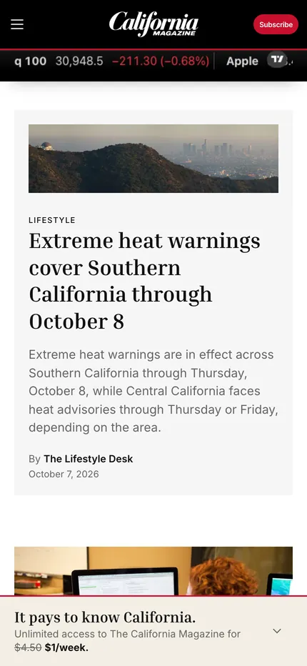 The California Magazine homepage on a phone