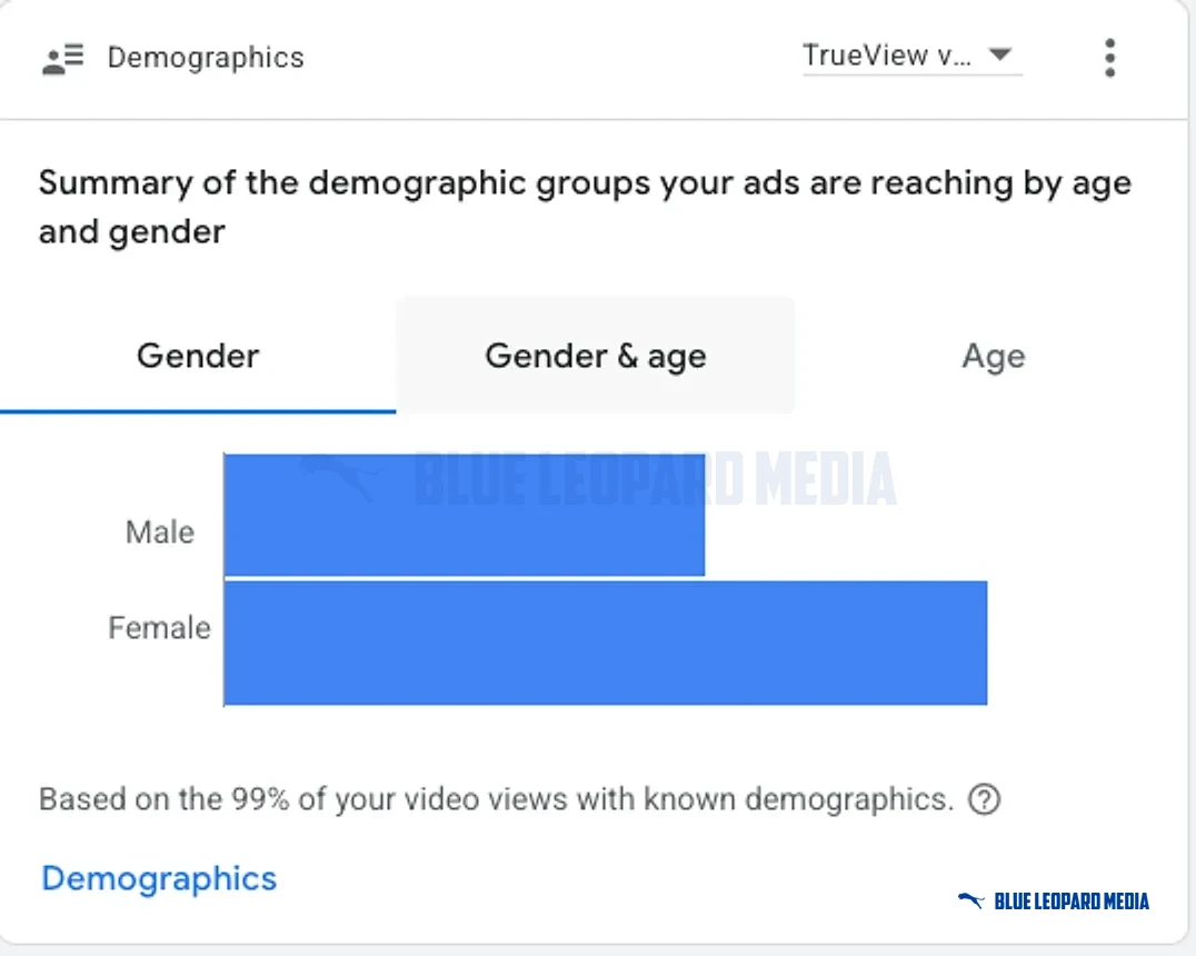 Google Ads demographics report: views by gender