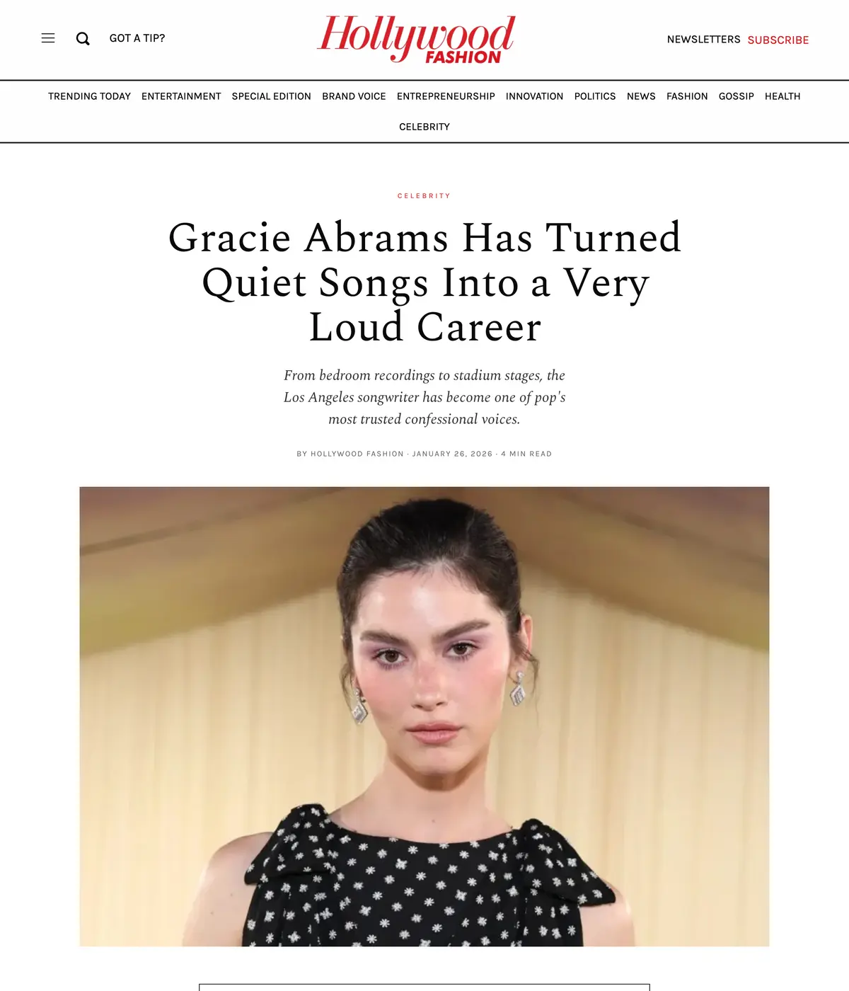 Hollywood Fashion Magazine feature page: Gracie Abrams Has Turned Quiet Songs Into a Very Loud Career