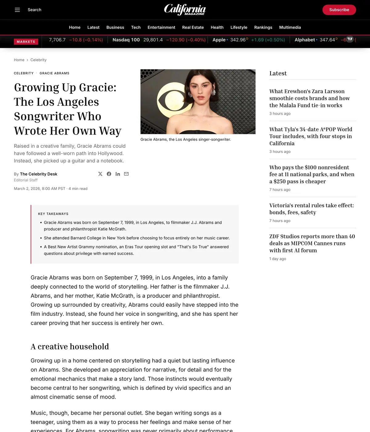 The California Magazine feature page: Growing Up Gracie: The Los Angeles Songwriter Who Wrote Her Own Way