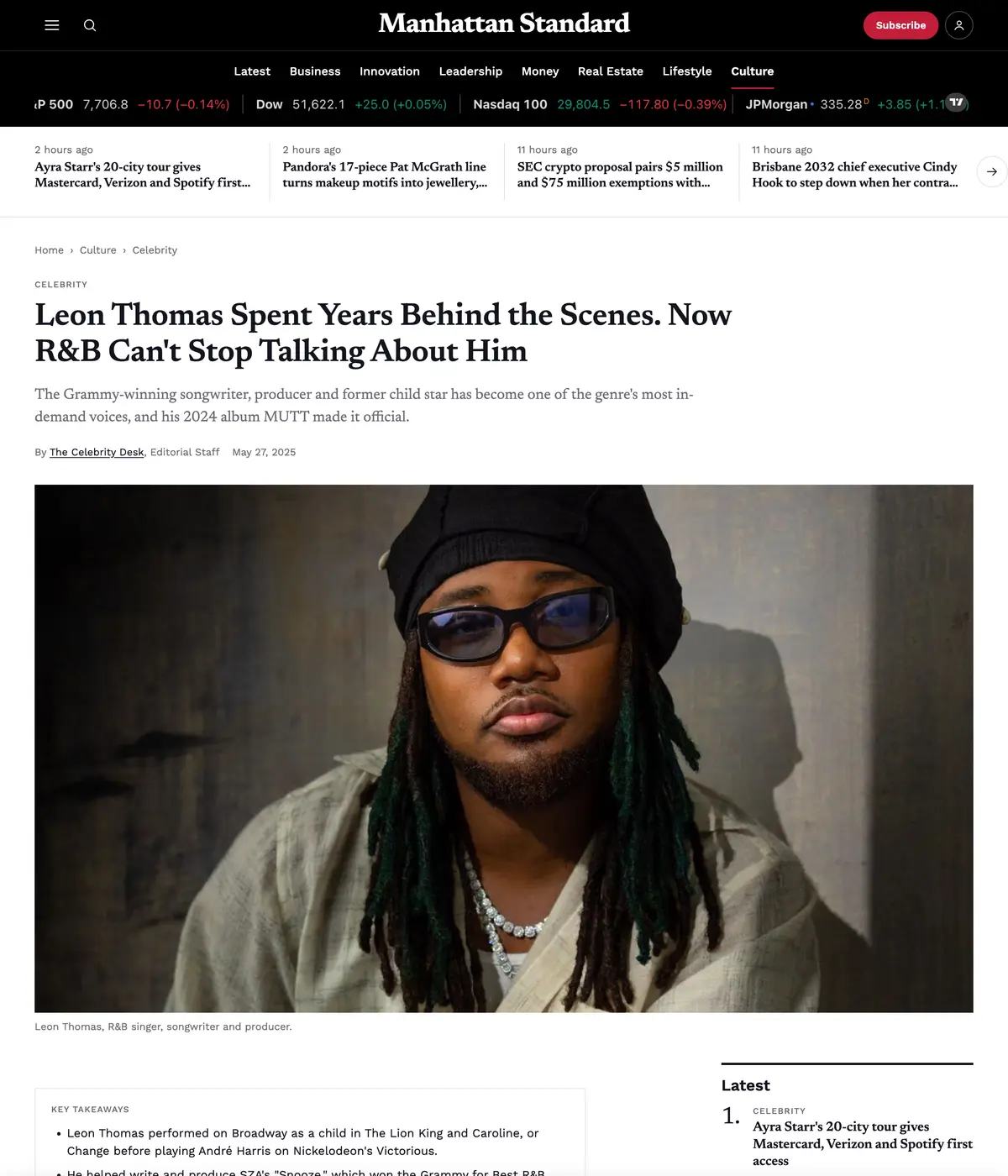 Manhattan Standard feature page: Leon Thomas Spent Years Behind the Scenes. Now R&B Can’t Stop Talking About Him
