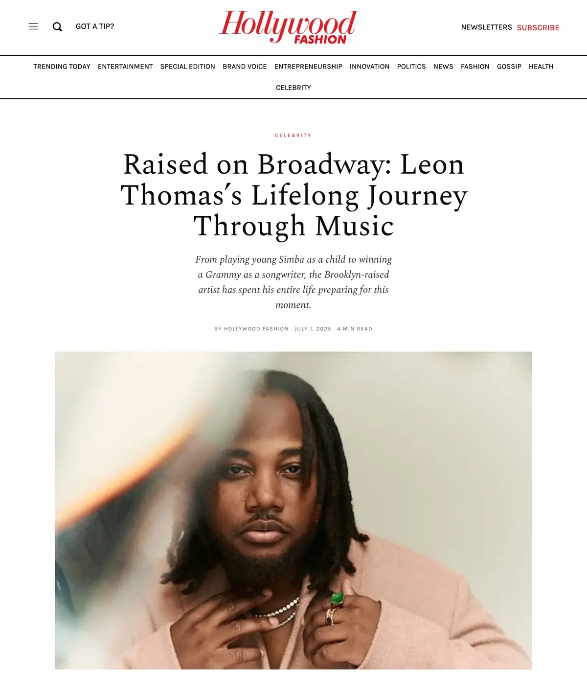 Hollywood Fashion Magazine feature page: Raised on Broadway: Leon Thomas’s Lifelong Journey Through Music