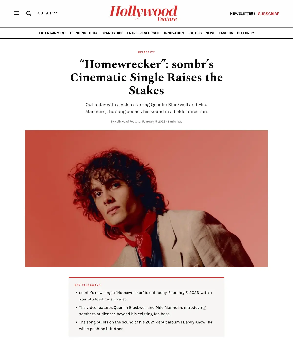 Hollywood Feature feature page: “Homewrecker”: sombr’s Cinematic Single Raises the Stakes